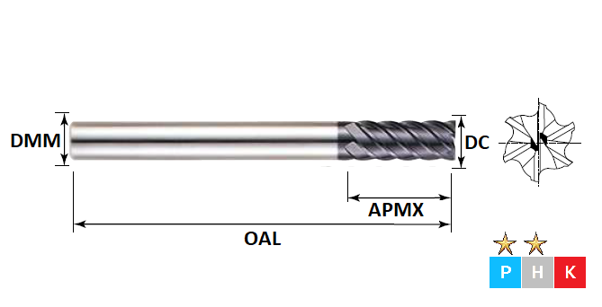 6.0mm 6 Flute (0.5mm Radius) 45 Degree Helix Extra Long Series Pulsar Carbide End Mill (Flatted Shank)